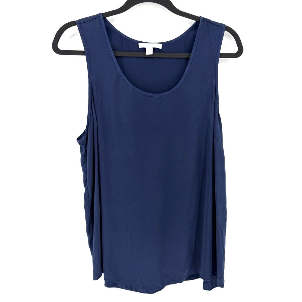 Lunya Sleep Tank Top Washable Silk Large Navy Blue Overlap Back Loungewear Shirt